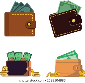 Icono de la cartera de la banca y de las finanzas del diseño plano con las monedas de oro y los billetes de banco de los dólares en el bolso. Ahorra dinero Ilustración vectorial.