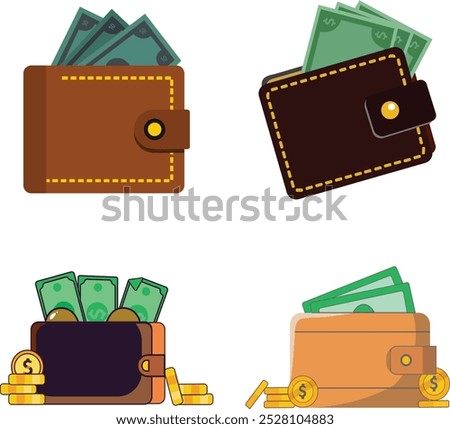 Flat Design Banking and Finance Wallet Icon with Golden coins and dollars bank notes in purse. Save money Vector illustration.