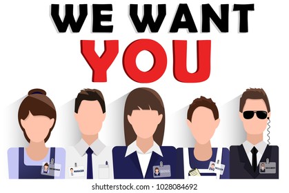 Flat design banner of business team for website and mobile website with free space for your text and text We want you. Modern vector illustration concept, isolated.