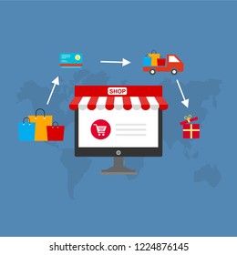 flat design banner of Buy Online for website and mobile website, easy to use and highly customizable. Modern vector illustration concept, isolated on colored background.
