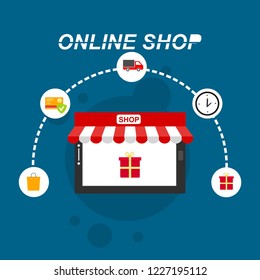 flat design banner of Buy Online for website and mobile website, easy to use and highly customizable. Modern vector illustration concept, isolated on colored background.