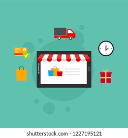 flat design banner of Buy Online for website and mobile website, easy to use and highly customizable. Modern vector illustration concept, isolated on colored background.