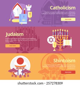 Flat design banner concepts for catholicism, judaism, shintoism. Religion concepts for web banners and print materials. 