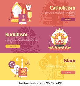 Flat design banner concepts for islam, buddhism, catholicism. Religion concepts for web banners and print materials. The 'allah' text in Arabian.