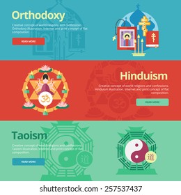 Flat design banner concepts for orthodoxy, hinduism, taoism. Religion concepts for web banners and print materials. The 'Om' text in Hindu. Chinese Character for "Tao"