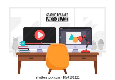 Flat design banner of Creative Workspace for website. Design of modern home office designer workplace. Designer workspace. Furniture in interior. For web and banner. Flat vector illustration.