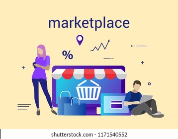 Flat design banner of E-Commerce and E-Shopping for website and mobile website. Marketplace. Easy to use and highly customizable