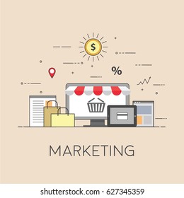 Flat design banner of E-Commerce and E-Shopping for website and mobile website. Marketing, Easy to use and highly customizable