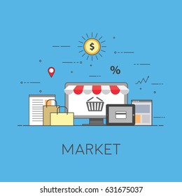 Flat design banner of E-Commerce and E-Shopping for website and mobile website. Market. Easy to use and highly customizable