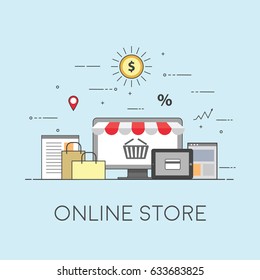 Flat design banner of E-Commerce and E-Shopping for website and mobile website. Online store. Easy to use and highly customizable