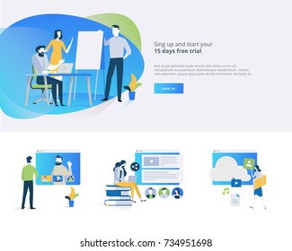 Flat design banner and elements of distance education, video tutorial, online training courses, education apps, annual teaching plan, for website design.