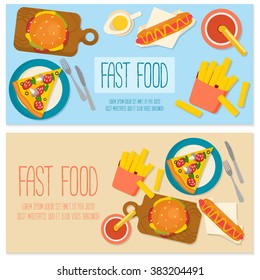 Flat design banner with fast food. Vector horizontal templates set with burger, pizza, hot dog e etc.