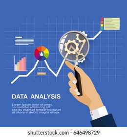 Flat design. Banner with focused magnifying glass on gear and chart with data analysis on blue background. For web, mobile applications, banners, corporate brochures, layouts.Vector illustration.