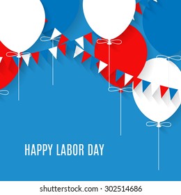 Flat design of banner of Labor Day sale. Vector background of sale with flat garland with flags, balloons and place for text.