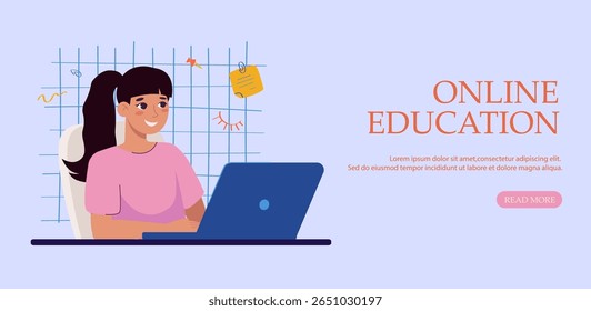  Flat design banner of online education with female student at laptop. Distance learning and e learning concept for website header or social media ad.