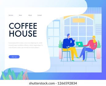Flat design banner with people drinking coffee in cafe outdoors vector illustration