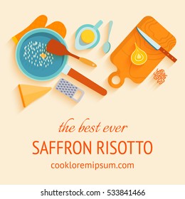 Flat design banner of recipe Italian traditional cuisine saffron risotto or alla milanese Parmesan cheese, oil, rice, saffron. Layout with text space. Vector illustration.