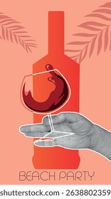 Flat design banner restaurant, beach party, drink. Hand holding a glass of wine, bottle of merlot, chardonnay, cabernet, martini, palm leaves