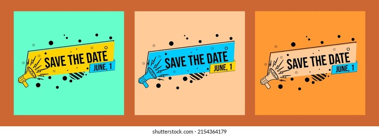 flat design banner with save the date text in memphis style. used for promotional badges