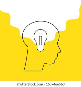 Flat design banner. Silhouette line human head with bulb vector illustration. Creative thinking and imagination concept. Big idea, generation of decisions, enlightenment.