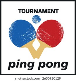 Flat design banner table tennis championship, rackets, ball. Vector graphics, grunge texture, competition of professionals. Decor sport club, small tennis training, activity