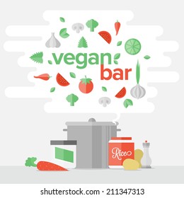 Flat design banner of vegetarian food cooking process, healthy eating and vegetables diet, natural food preparation process. Flat design style modern vector illustration print concept.