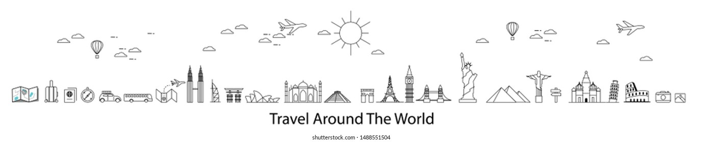 Flat design banner for web page with icon,concept travel around The world.