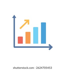 A flat design bar chart demonstrating growth with an upward arrow. A modern, clean, simple visual element.