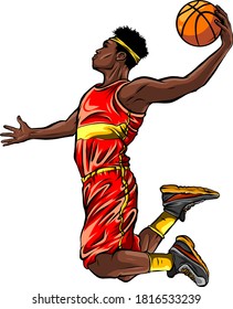 Ilustración vectorial dunk del jugador de baloncesto de diseño plano