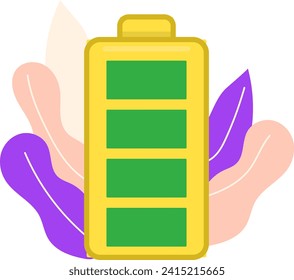 Flat design battery icon with full charge surrounded by colorful leaves. Eco-friendly energy concept. Green technology and sustainability vector illustration.