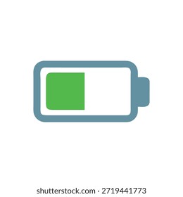 Ícone de bateria de design plano. Indicador de meia carga. Preenchimento verde com borda azul no plano de fundo branco.