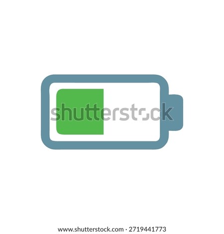 Flat design battery icon. Half charge indicator. Green fill with blue border on White Background.