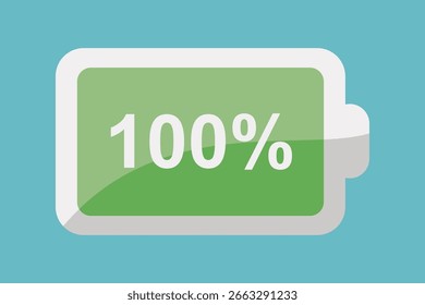 Flat Design Battery Icon Indicating Full Charge At 100%