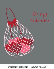Flat Design Be My Valentine Illustration with Reusable Shopping bag and Hearts, Ribbon
