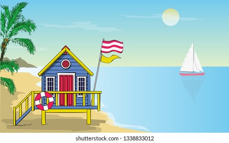Flat design. Beach lifeguard house and sailboat in the sea. Summer vector illustration