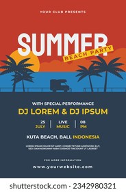 eine flache Strandfest für Nacht oder Nachmittag Livemusik Dj mit Silhouette-Objekten wie Campervan Palmenzaun und auch schönen Sonnenuntergang

