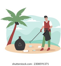 Flat design of beach workers clean up trash on the beach. Illustration for website, landing page, mobile app, poster and banner. Trendy flat vector illustration