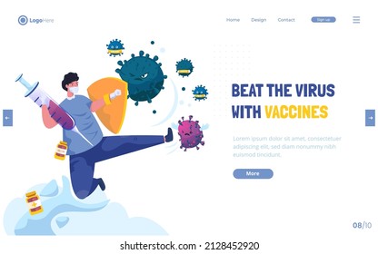 Flat design beat the virus with vaccines, A man kicks a virus character concept