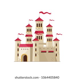 Flat design of beautiful castle from fairytale with flying flags on white background.