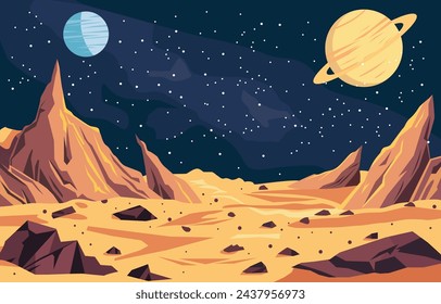 Diseño plano de hermoso paisaje en el espacio exterior con el planeta Saturno en el cielo oscuro