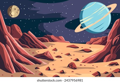 Diseño plano de hermoso paisaje en el espacio exterior con el planeta Saturno en el cielo oscuro