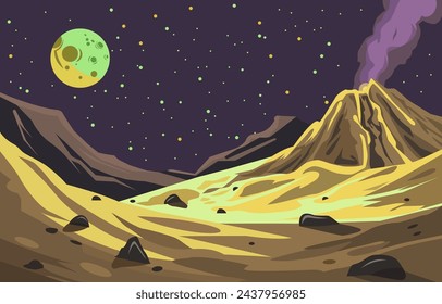 Flat Design of Beautiful Landscape in Outer Space with Smoky Volcanic Mountain and Planet