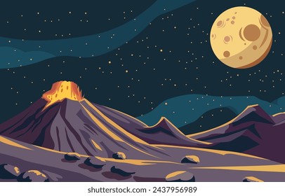 Flat Design of Beautiful Landscape in Outer Space with Fiery Volcanic Mountain and Planet