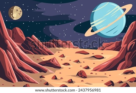 Flat Design of Beautiful Landscape in Outer Space with Saturn Planet in Dark Sky