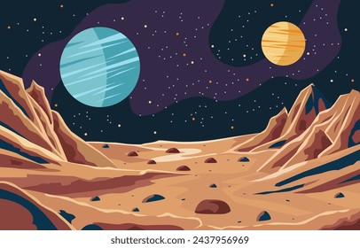 Flat Design of Beautiful Landscape in Planet Surface with Rock Stone in Outer Space