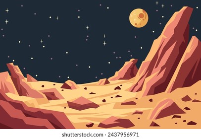 Flat Design of Beautiful Landscape in Planet Surface with Rock Stone in Outer Space