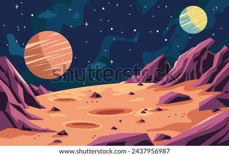 Flat Design of Beautiful Landscape in Planet Surface with Rock Stone in Outer Space