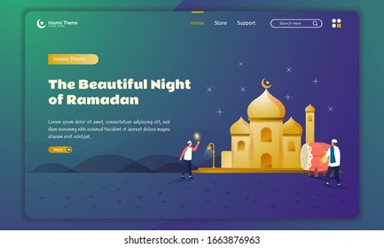 Flat design of the beauty night when ramadan month on landing page template