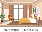 Flat Design of Bedroom with Bed Furniture Window and Plant in Hotel