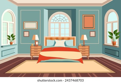 Flat Design of Bedroom with Bed Furniture Window in Fancy House